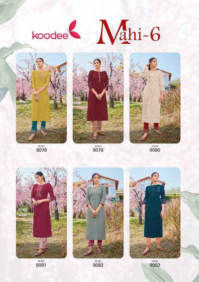 Koodee Mahi 6 Fancy Designer Festive Wear Fancy Nylon viscose With Embroidery And Khatli Work Kurtis With Bottom Collection